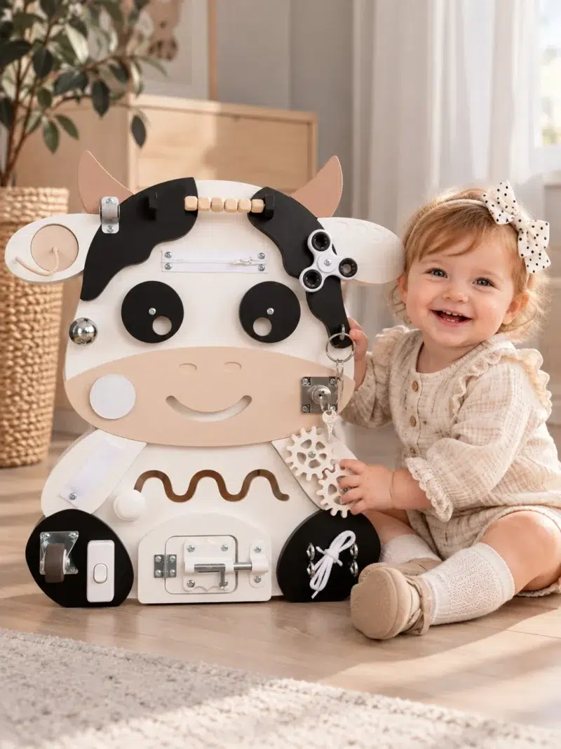 krowka_tablica_sensoryczna_1 tablica manipulacyjna na pierwsze urodziny krowka